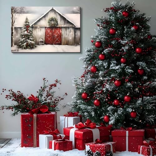 Vintage Christmas Barn Wall Art 16x24inch, Retro Winter Snow Landscape Holiday Xmas Artwork Poster Framed Christmas Tree Wall Decor for Home Farmhouse Bedroom Gallery Decorations