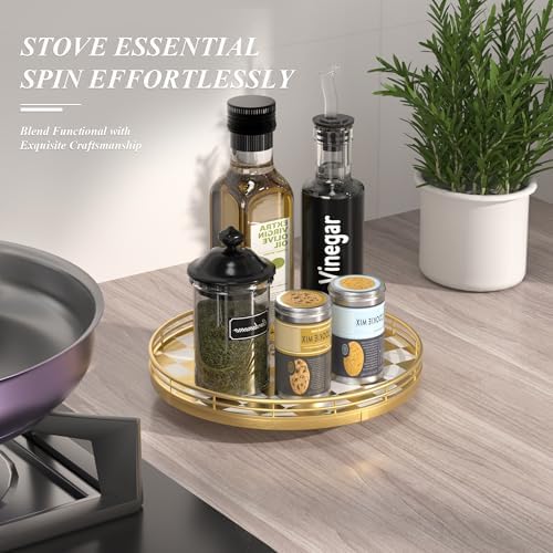 AMH 10-Inch Gold Checkerboard Lazy Susan Vanity Tray with Metal Rail