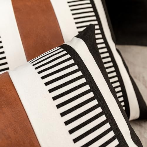 26x26 Boho Striped Pillow Cover with Faux Leather Accent, Black, 2 PC