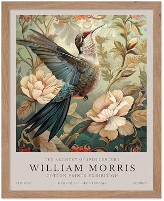 Poster Master William Morris Poster - Hummingbird Print - Bird Art - Botanical Art - Flower Design - Exhibition Artwork - Animal Illustration - Floral Illustration - Aesthetic Office or Bedroom Decor - 8x10 Beige Framed