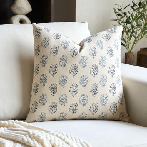 FIOUOVO Floral Vintage Throw Pillow Covers 24x24 Pillow Cover Block Print Decorative Cushion Covers Farmhouse Neutral Accent Home Décor for Sofa Couch Living Room Bedroom, 1PC, Aqua Blue