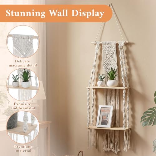 2 Packs Macrame Wall Hanging Shelf 2 Tier Handmade Boho Hanging Wall Shelf Floating Woven Rope Decorative Storage Racks Holder Organizer for Home Bedroom Bathroom Plants, Beige
