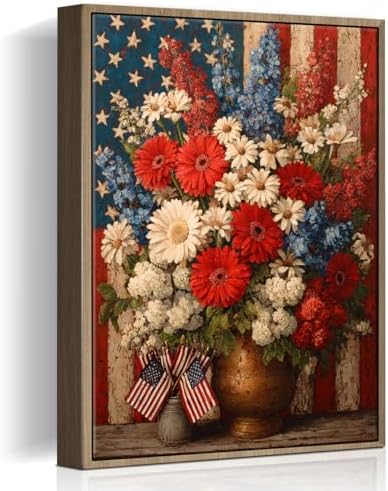 American Flag Framed Canvas Wall Art, 4th of July Patriotic Canvas Prints | Boy Holding USA Flag Poster Print, Modern Independence Day Wall Decor for Living Room Kids Room Dining Room Office 6×8in