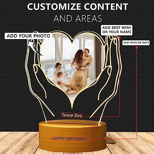 FolHaoth Personalized Photo Acrylic Sign Plaque Gifts for Anniversary Valentines Birthday Customizable LED Night Light Wooden Base Lamps Desk Bedroom Decor Signs