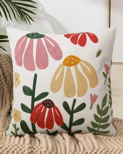 JASEN Embroidered Floral Boho Throw Pillow Cover 18x18 Inch - Decorative Cotton Pillow Case for Couch, Sofa, Bedroom, Living Room - Farmhouse Home Aesthetic Housewarming Gifts (Floral, 18" x 18")