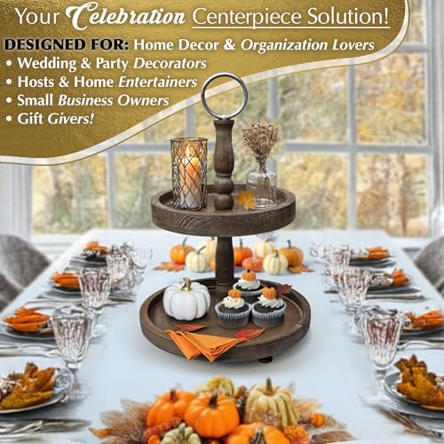 Premium Rustic Round 2 Tier Tray Stand - Farmhouse Wooden Tiered Tray Stand - Two Tiered Decorative Tray Centerpiece for Home Decor - Elegant Dessert Stand, Cupcake Stand, Coffee Bar Organizer