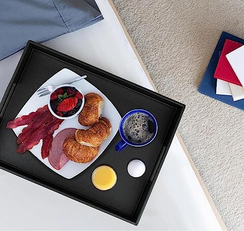 HofferRuffer Rectangle Serving Tray with Hole Handles for Coffee Table, Breakfast, Tea, Food, Butler - Countertop, Kitchen, Vanity Serve Tray, 16.2 x 12.2 x 2 inches, Faux Leather Tray (Black)