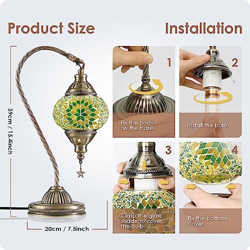 Yarra-Decor Turkish Moroccan Lamp with Bronze Base 3 Color Options Handmade Swan Neck Mosaic Glass Bedside Lamps for Bedroom (LED Bulb Included)(Green2)