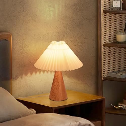 Ziqqeelam Wood Grain Small Table Lamp, Cute Table Lamp, Pleated Table Lamp, Wooden Bedroom Lamps for Nightstand, Small Scalloped Lamp Shade Table Lamps for Small Spaces for Bedroom,Living Room
