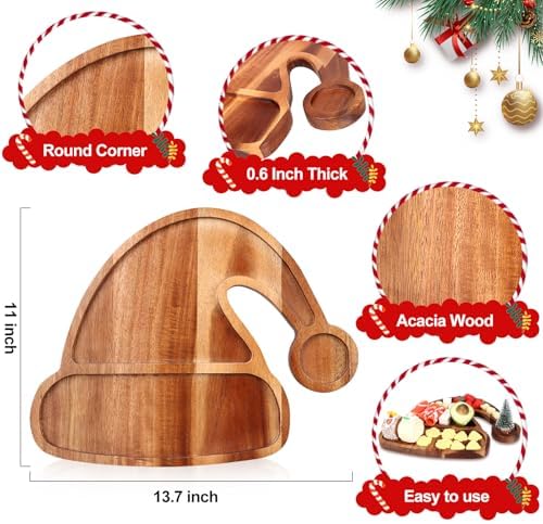 Acacia Wood Christmas Hat Tray - Decorative Serving Platter, Festive Plate, Xmas Dish & Wooden Charcuterie Board for Holiday Gift, Cheese, Fruit, Veggie & Cookie, Food, Snack, 14” x 11”