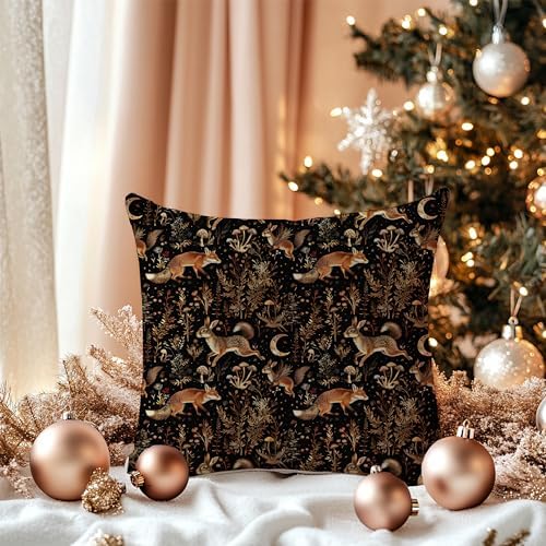 Mystical Enchanted Forest Pillow Covers 18x18 Double-Sided, Cottagecore Room Home Decor, Whimsical Moon Fox and Bunny Rustic Mushroom Botanical Decorative Throw Pillow Covers