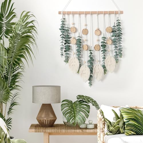 Artificial Eucalyptus Wall Hanging Faux Greenery Decor with Macrame Leaves