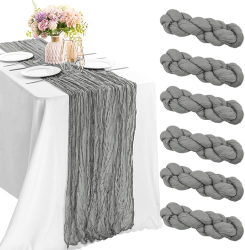 6 Pieces Gray 10FT Cheesecloth Table Runner Boho Gauze Fabric Table Runner Rustic Sheer Runner for Wedding Birthday Baby Shower Party Boho Table Decoration（Gray）