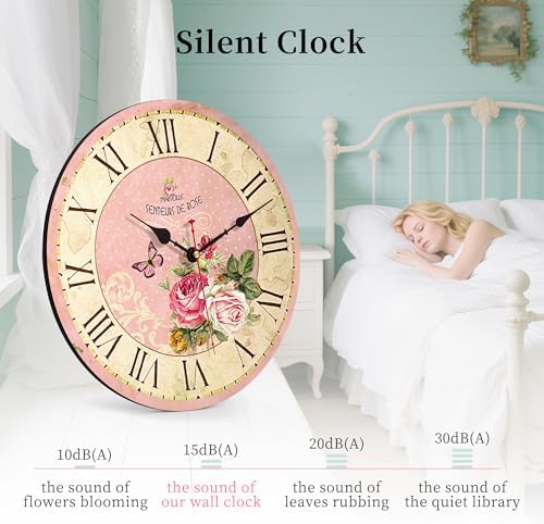 VIKMARI 14in Pink Wooden Wall Clock Roman Numerals Battery Operated Silent