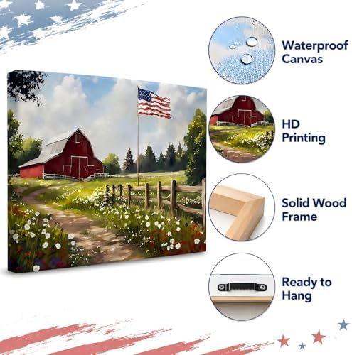 RIBNTAK Farmhouse Red Barn & American Flag Canvas Print, Rustic Wildflower Meadow Patriotic Wall Art, 4th of July Holiday Decoration for Home, Office & Rustic Interiors, Made in USA