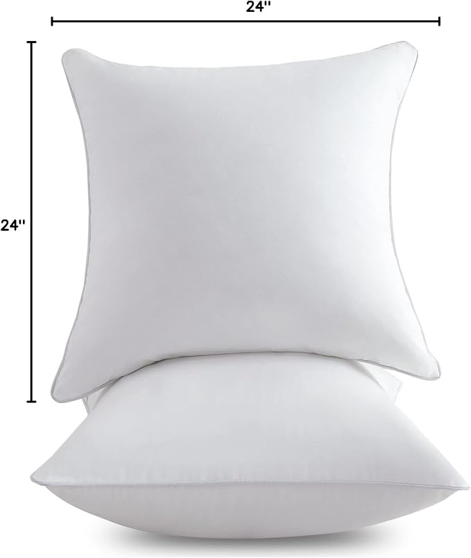 FAVRIQ 24 x 24 Pillow Inserts - 24 Inch Decorative Square Sofa Throw Pillow with 100% Cotton Cover - White Pack of 2