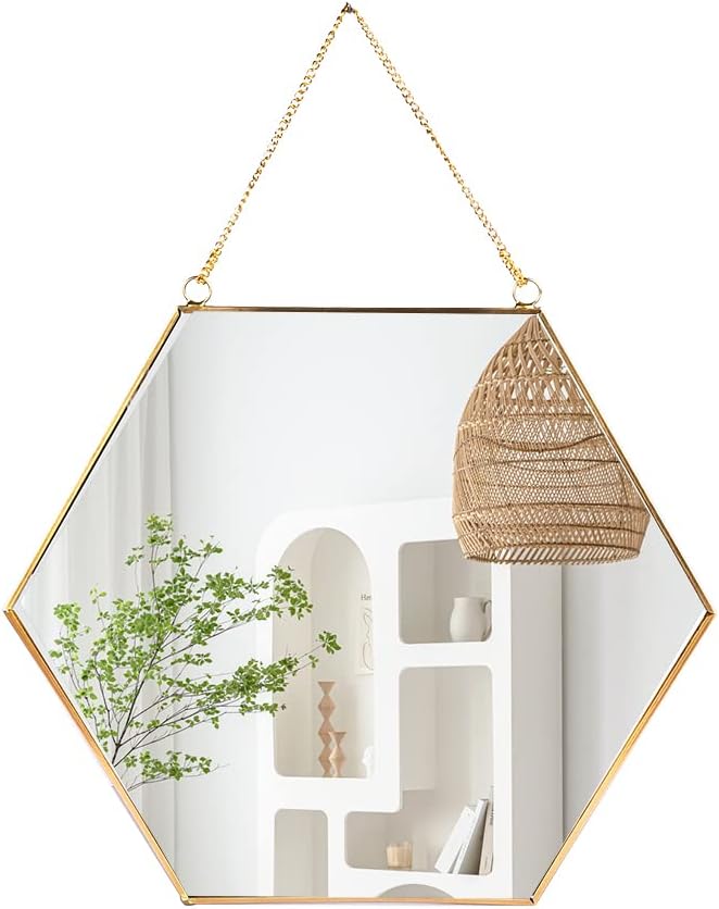 LONGWIN Hanging Wall Hexagon Mirror Decor Gold Geometric Mirror with Chain for Bathroom Bedroom Living Room 11.8"x 10.2"