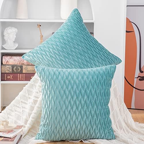 MADIZZ Set of 2 Super Soft Velvet Decorative Throw Pillow Covers 22x22 inch Aqua Square with Texture Luxury Style Cushion Case Pillow Shell for Sofa Bedroom