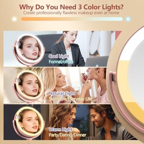 MIYADIVA Makeup Mirror with Lights,20X Magnifying Mirror with Light and Touch Switch, 2-Sided Vanity Mirror with 3 Colors and 80 LEDs, Metallic Rose Gold