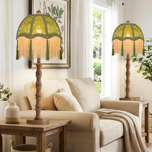 Vintage Table Lamps For Living Room Dimmable Retro Bedside Nightstand Lamps With Victorian Fringe,Small Wood Tall Desk Table Light Mid Century Modern Table Lamp for Bedroom Living Room
