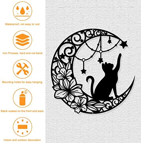 NBEADS Cat Metal Wall Art Decor, 11.8" Moon and Cat Black Wall Hanging Decor Silhouette Wall Art for Home Bedroom Living Room Bathroom Kitchen Office Garden Hotel Wall Decoration