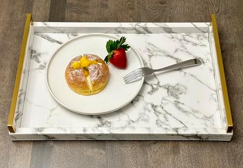 17.8 * 11.8" White PU Leather Marble Finish Decorative Tray Serving Tray with Brushed Gold Handle for Coffee Table, Console Table, Ottoman