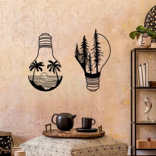 ESTART Metal Pine Tree Wall Art, Metal Bulb Wall Decor | Nature Rustic Farmhouse Cabin Decor, Forest Wall Art for Home Living Room Bedroom Office Indoor and Outdoor Decoration