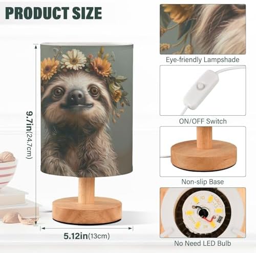 Cute Sloth LED Table Lamp - Modern Minimalist Bedside Lamp with Round Flaxen Fabric Shade for Nightstand, Perfect for Bedroom Ambiance
