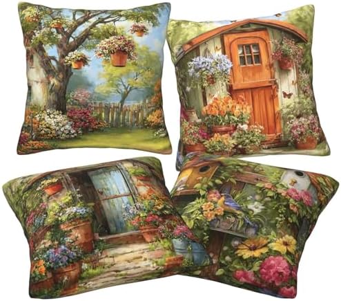 Garden Floral Vintage Throw Pillow Covers Set of 4 Decorative Soft Double Sided Print Pillow Case Farmhouse Home Decor for Living Room Sofa Couch 18x18