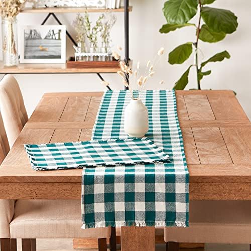 DII Fringed Check Tabletop, Table Runner, 14x72, Teal