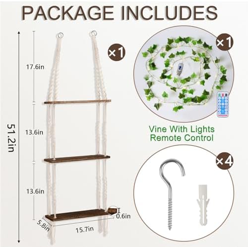 Hanging Shelf with Vine Lights(USB Powered), Macrame Shelf, Wall Shelf with Handmade Ropes, 3 Tier Floating Shelf, Boho Room Decor Aesthetic for Succulents, Bedroom, Living Room, Bathroom