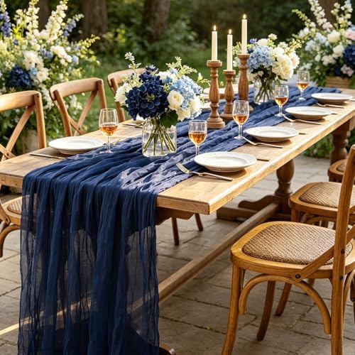 Navy Blue Table Runner, 10FT Rustic Gauze Blue Table Runner 35*120inch Boho Table Runners for Wedding Bridal Shower Birthday Baby Shower Table Centerpiece Decorations