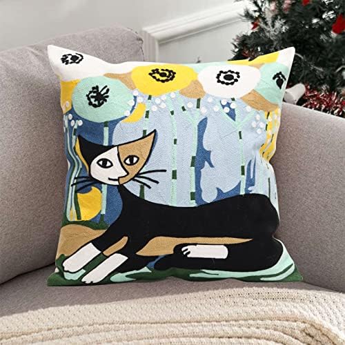 1 Pcs Embroidered Decorative Throw Pillows Covers for Sofa Decor Cushion Cases 18 x 18 Inch (Sunny Cat)