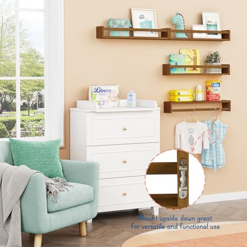 Forbena 24 Inch Wooden Floating Nursery Book Shelves for Wall, Walnut Nursery Bookshelf Wall Mounted for Kids Bedroom, Large Kids Floating Bookshelves for ChildToys Classroom Books Decor (Dark Brown)