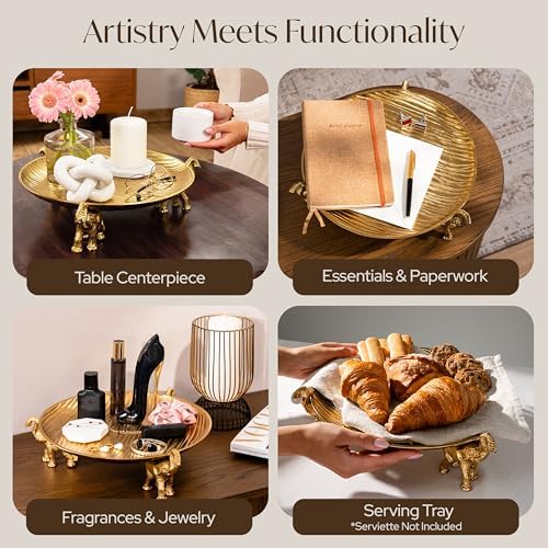 Round Golden Serving Tray with Handles – Decorative Coffee Table Tray, Round Decorative Tray, Gold Table Decor for Dining Table Centerpiece Decor, Vanity Tray, Perfume Tray