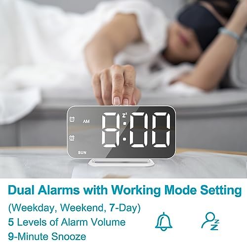 Slim LED Digital Alarm Clock, Mirror Surface for Makeup, with Diming, Large Display, Easy Setting, USB Ports, Modern Decor for Bedroom, Desk, Xmas, Birthday Gift for Women, Sister, Teen Girl, Silver