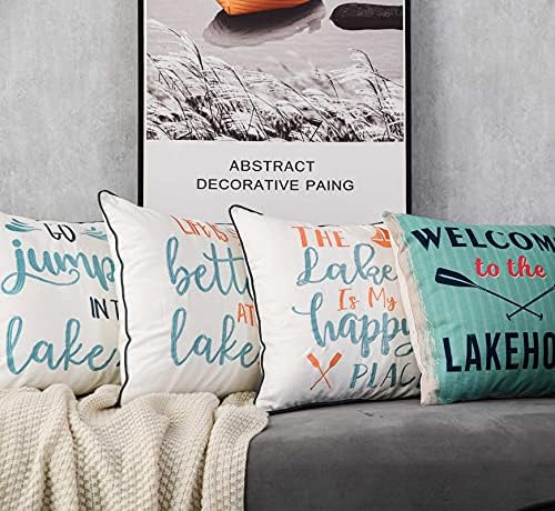 Embroidered Life is Better At The Lake Throw Pillow Cover,Square 18 inches Decorative Canvas Pillow Cover with Life is Better At The Lake Pattern,Cover Only