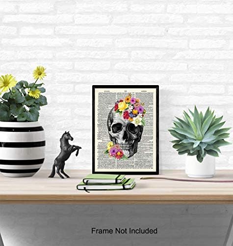 Floral Skull Dictionary Wall Art Decor Anatomy Print - 8x10 Upcycled Vintage Home Decoration for Bedroom, Bathroom - Unique Shabby Chic Gift for Steampunk, Goth Fans, Women - Unframed