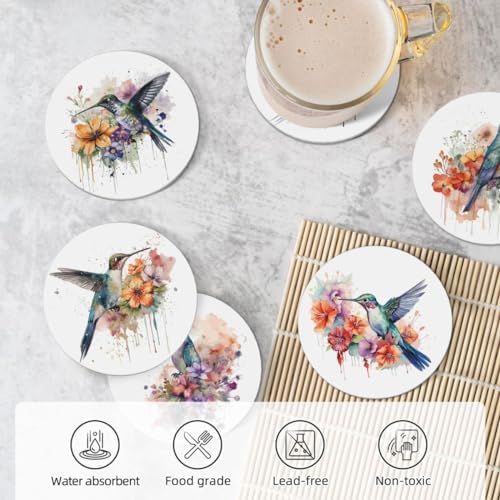 Drink Coasters for Drinks Set of 6, Watercolor Hummingbird Absorbent Round Ceramic Stone Mat, with Cork Base and Metal Holder, Home Bar Decor House Warming Gift