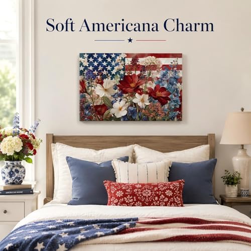 Patriotic Floral American Flag Framed Canvas Wall Art, 4th of July Wildflower Pictures, Independence Day Canvas Prints for Living Room, Bedroom, Kitchen, Farmhouse, Home Wall Decor