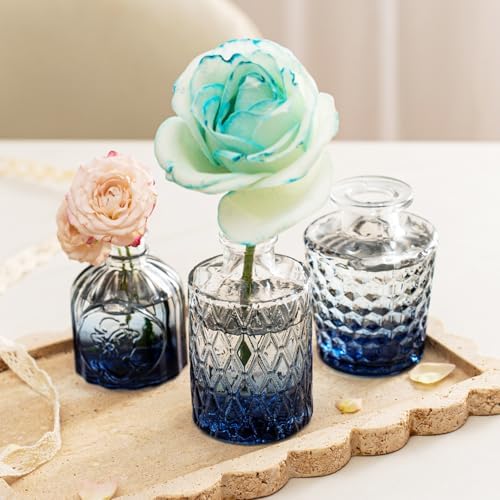 Clear Gradient Blue Glass Bud Vase Set of 14 Pcs,Small Bud Vases in Bulk,Glass Crystal Flower Vases Table Centerpieces for Party Event Wedding Decor Baby Shower Decorations (Gradient Blue, 14 Pcs)