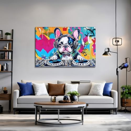 French Bulldog Canvas Art Wall Decor Framed Funny DJ Dog Picture Graffiti Painting Pop Prints Modern Artwork for Living Room Bedroom Home Office Ready to Hang - 16.00"x24.00"