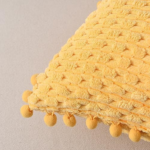 Fancy Homi Set of 2 Yellow Decorative Throw Pillow Covers 22x22 Inch with Pom-poms for Couch Bed Sofa, Modern Farmhouse Boho Home Decor, Soft Plush Corduroy Cute Cushion Case 55x55 cm