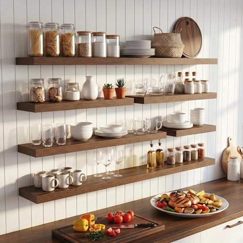 FLYJOE 32 Inch Floating Shelves for Wall Set of 2, 6.5" D Wood Grain Bathroom Shelves with Invisible Brackets, Easy Install Engineered Wood Storage Shelves for Kitchen, Living Room, Bedroom