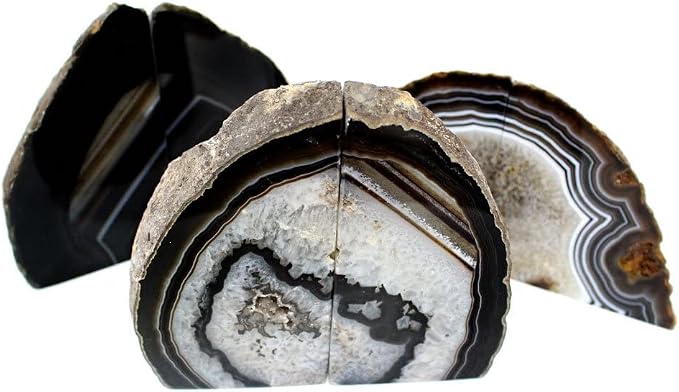 JIC Gem Black Agate Geode Bookends Rubber Bumpers Heavy Stoppers 4-6 Lbs | Heavy duty crystal Book ends Heavy Book stoppers Home office Shelf Decor Polished gemstone decorative bookends
