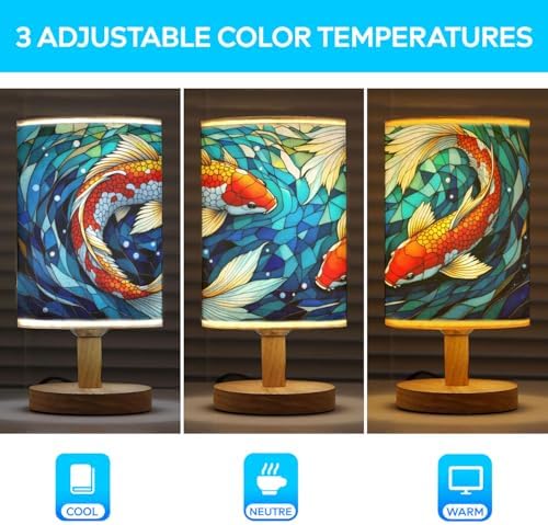 Koi Fish Table Lamp LED 3-Color Pressed Bedside, Koi Fish Shade Lamp with Wood Base for Bedroom Living Room Desk Office TL01
