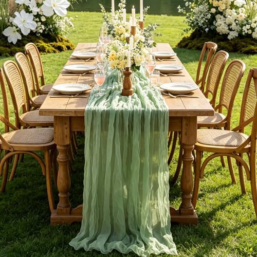 3Pcs Sage Green Cheesecloth Table Runner, 10FT Rustic Green Boho Gauze Table Runner for Spring Easter Woodland Safari Baby Shower Bridal Shower Wedding Tea Party Birthday Decorations