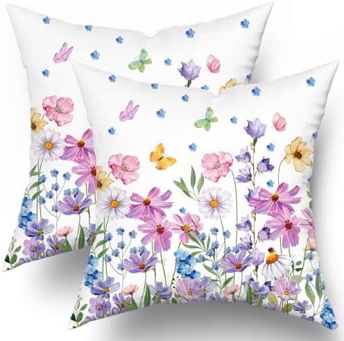 Watercolor Floral Pillow Covers 20x20 Inches Set of 2 Spring Summer Wildflower Butterfly Cotton Cushion Covers for Home Home Sofa Couch