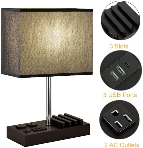 Briever USB Table Lamp, Multi-Functional Desk Lamp with 2 AC Outlets, Bedside Lamp with 3 USB Charging Ports and Wooden Phone Stands, Nightstand Lamp for Bedroom, Livingroom, Office, Black Shade