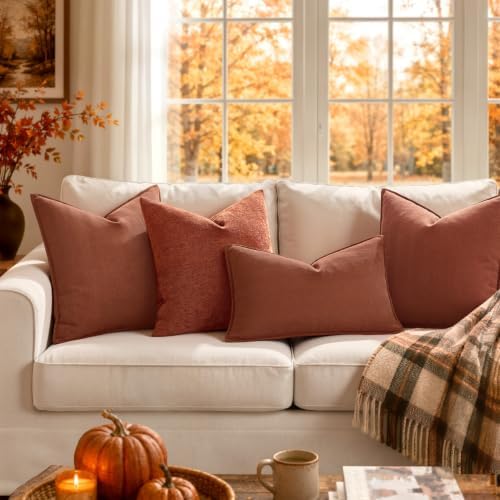 MIULEE Pack of 2 Fall Burnt Orange Lumbar Chenille Pillow Covers 12x20